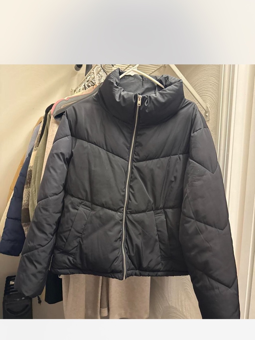 Divided Black Quilted Puffer Jacket with High Neck